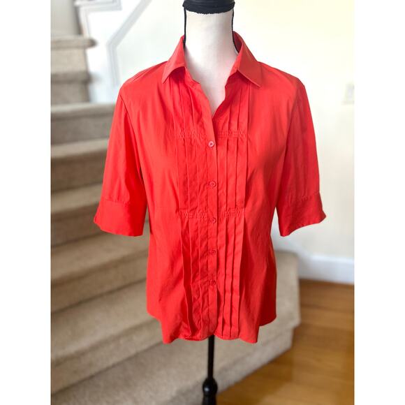 Lafayette 148 Orange Red Pin Tuck Pleat 3/4 Sleeve Collared Button Down Blouse - Picture 1 of 6